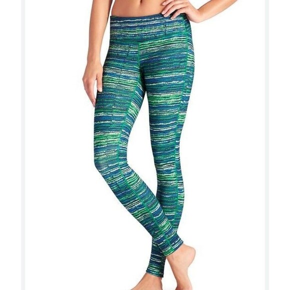 Athleta Retreat Chaturanga Leggings 7/8 Athletic Tight Green Blue Stripe Size M - Picture 1 of 11